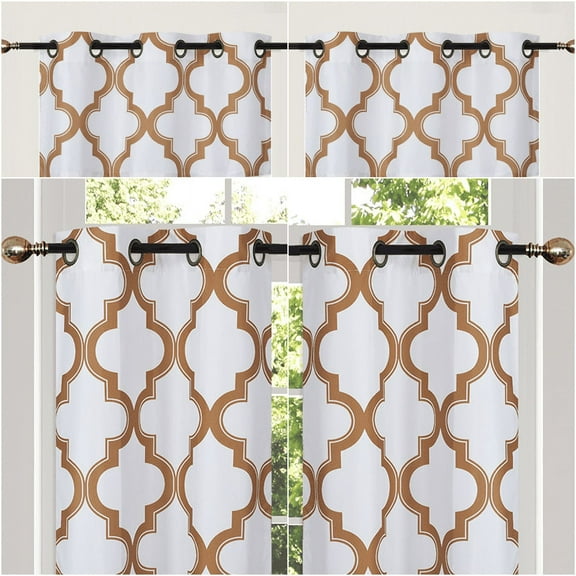 4 Piece 7LO Orange Blackout Rod Pocket Kitchen Curtain Set, Two (2) Geometric Design Tier Panels with One (1) Matching Swag Valance Included