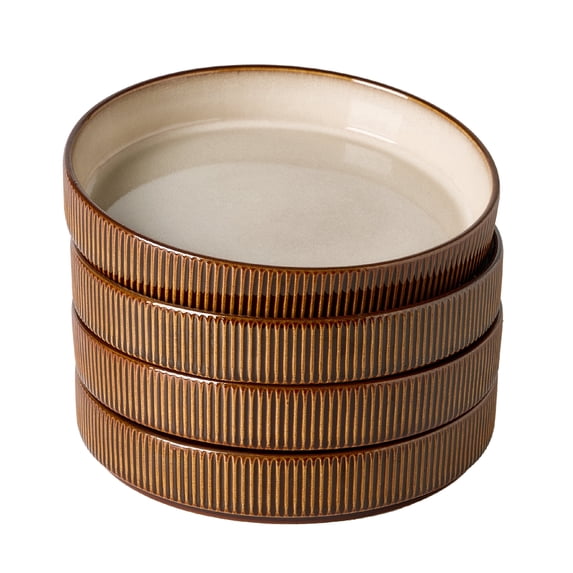 Famiware 4 Pieces 8.1" Stoneware Pasta Bowls, Microwave & Dishwasher Safe, Cream & Cocoa