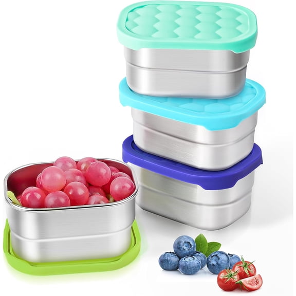 4 Piece 8 Oz Stainless Steel Snack Container Leak Proof Silicone Lid