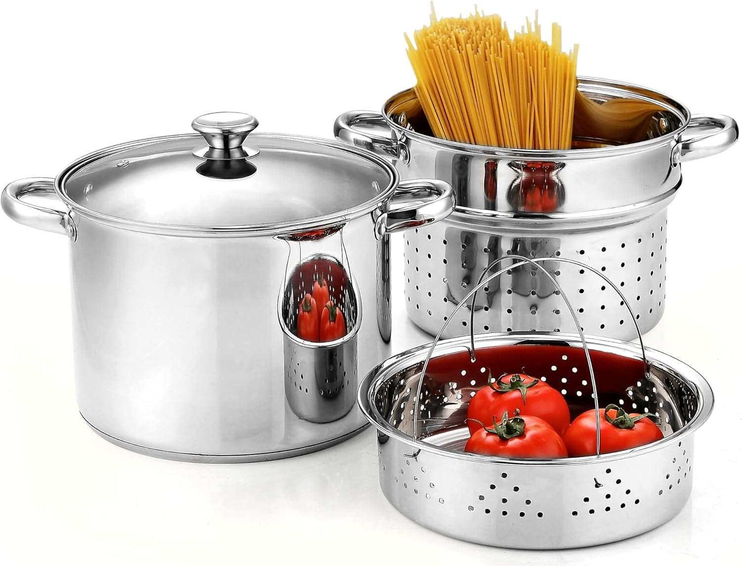 Mirror Satin Stainless Steel 8 Quart Pasta Cooker with Basket Insert