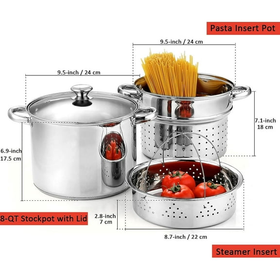 4-Piece 8 Quart Multipots, Stainless Steel Pasta Cooker Steamer