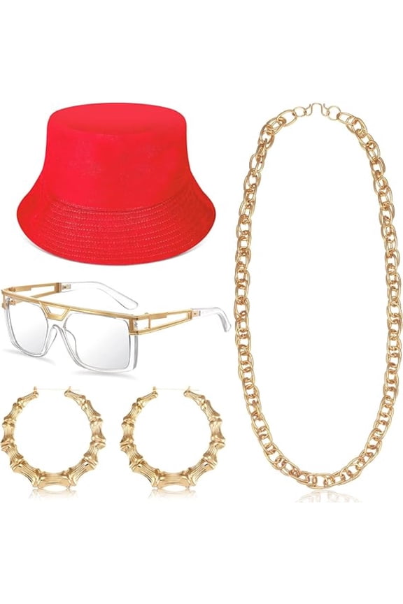 4-Piece 80s 90s Hip Hop Costume Kit, Gold Rapper Jewelry Set with Chain, Hoop Earrings, Glasses & Bucket Hat for Theme Party Outfits