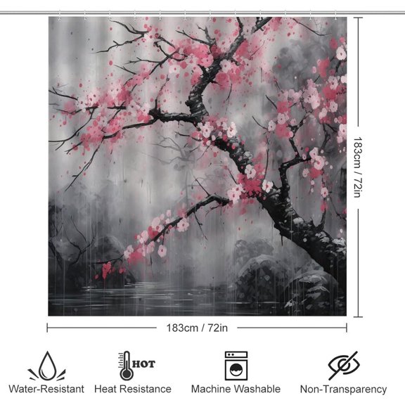 4-Piece Abstract Cherry Shower Curtain Set with Rug, Japanese Vintage Floral Mountain Bathroom Decor with Waterproof Shower Curtain & Non-Slip Bath Mat, Toilet Lid Cover, Includes 12 Hooks