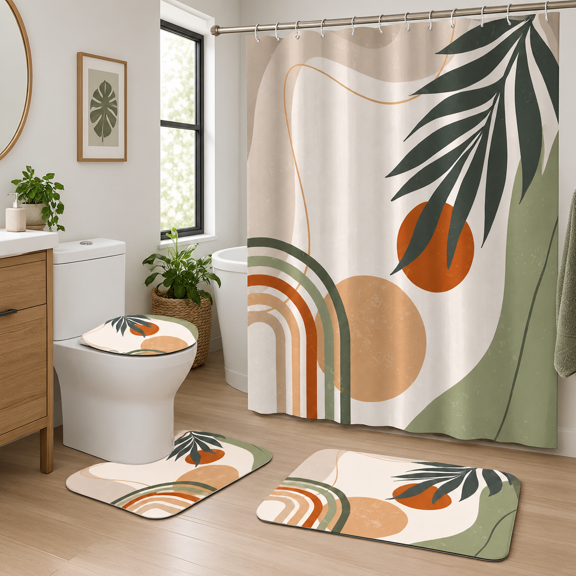 4-Piece Abstract & Geometry Bathroom Accessory Set with Shower Curtain, Rugs and Lid Cover