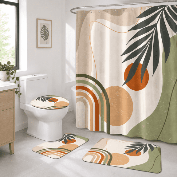 4-Piece Abstract & Geometry Bathroom Linen Accessory Set with Shower Curtain and Rugs