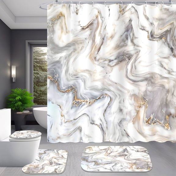 4 Piece Abstract Grey and Gold Marble Shower Curtain Set with Rugs