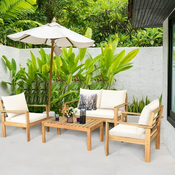 4-Piece Acacia Wood Chat Set with Water Resistant Cushions, Outdoor Conversation Sofa and Table Set