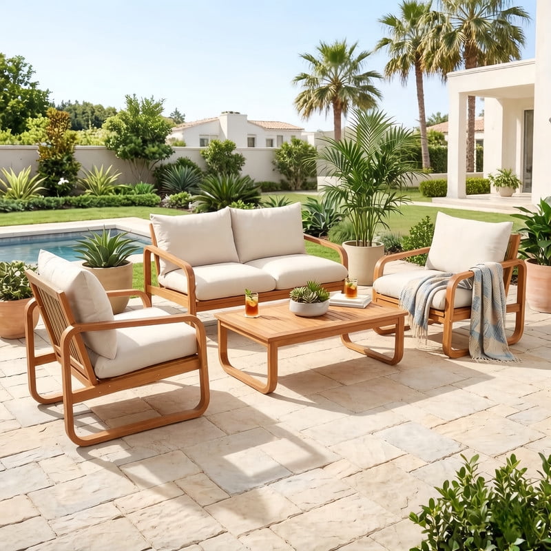 4-Piece Acacia Wood Outdoor Sectional Set with Cushions, Patio Chat Sofa Set with Coffee Table, Weather-Resistant Conversation Set