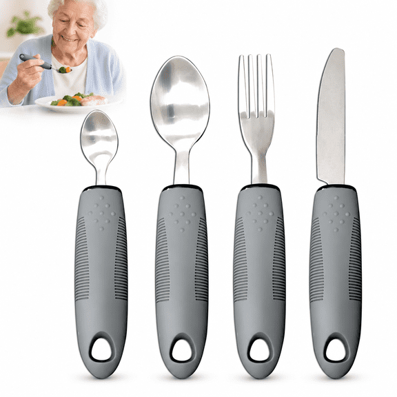 4 Pcs Adaptive Utensils Set, Stainless Steel Built Up Handle Silverware, Easy Grip Non Slip Dining Utensils with Spoon, Fork and Knife