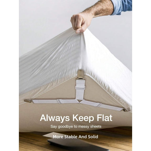 4-Piece Adjustable Bed Sheet Straps, Heavy Duty Triangle Fitted Sheet Clips with Elastic Fasteners and Metal Grips, Non-Slip Mattress Cover Holder for Bedding, Sofa, and Quilts