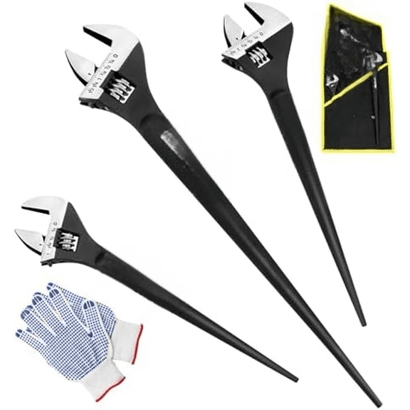 4-Piece Adjustable Spud Wrench Set with Gloves, 10" 12" 16" Large Crescent Plumbers Wrenches sets for Crowbar Pipe Fitting Pipefitter Construction Tools, SAE/Metric Scales, CR-V, Black Oxide$$