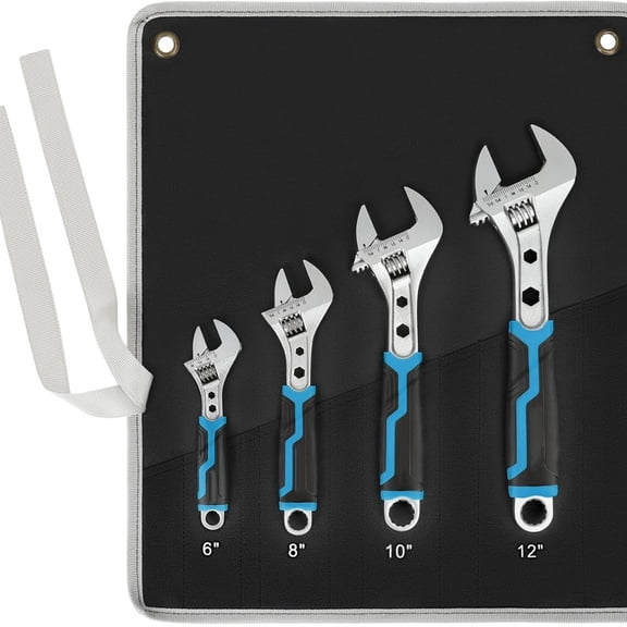 4-Piece Adjustable Wrench Set, 6-inch, 8-inch, 10-inch, 12-inch, 3-in-1 Spanner with Box End/Hex Function, CR-V Steel, Chrome-plated, Bi-material soft Grip, with Rolling Bag
