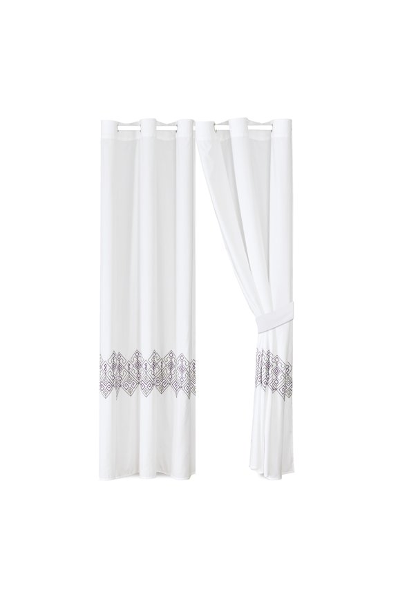 4-Piece Adonis Curtain Set Drape Sheer Liner|Square Greek Key Geometric Embroidery|White Purple Gray|Grommet