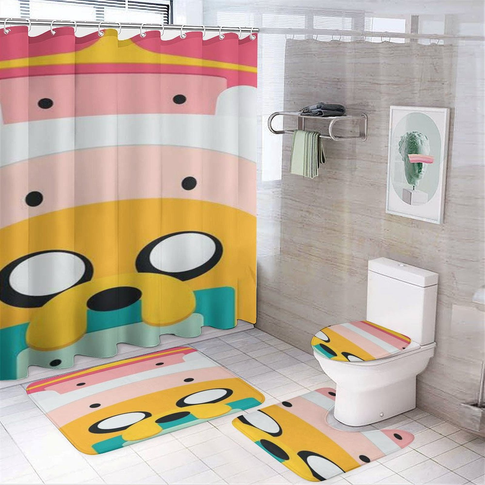 4 Piece Adventure Time Shower Curtain Set with NonSlip Rug, Toilet Lid