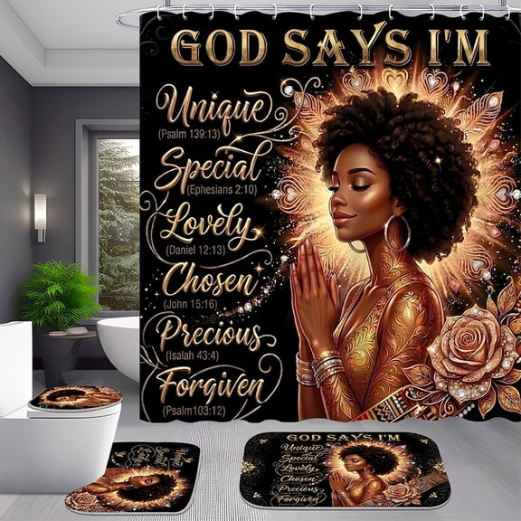 4-Piece African American Black Girl Shower Curtain Set with Rugs for Bathroom