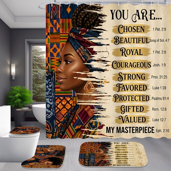 4-Piece African American Girl Bible Verse Inspirational Shower Curtain Set