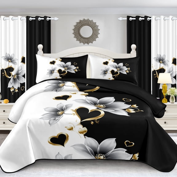 4-Piece All Season Comforter Set, Black and White Floral Bedding with Bamboo Filling, Reversible & Machine WashableKING