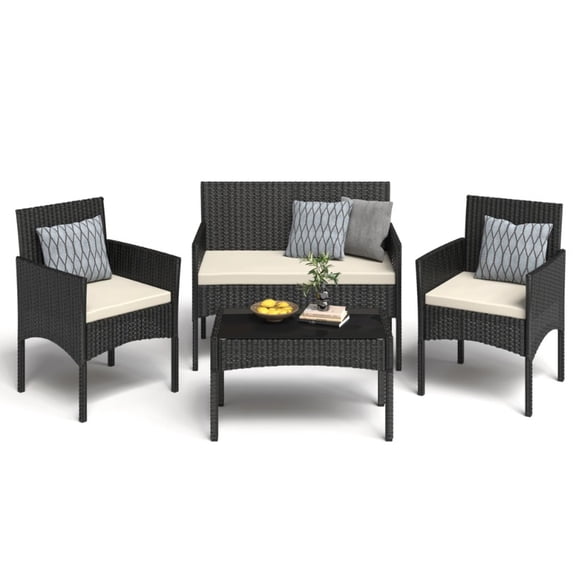 4-Piece All-Weather Outdoor Rattan Furniture Set with Thick Cushions & Tempered Glass Table, Patio Conversation Sofa Set for Garden, Backyard, Poolside, Balcony, Black/Gray
