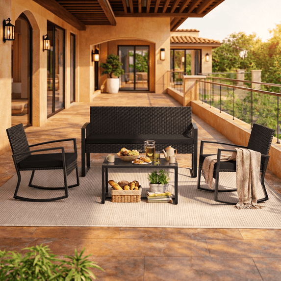 4-Piece All Weather Wicker Rocking Patio Bistro Set with Glass Top Coffee Table for Porch Pool Backyard, Black