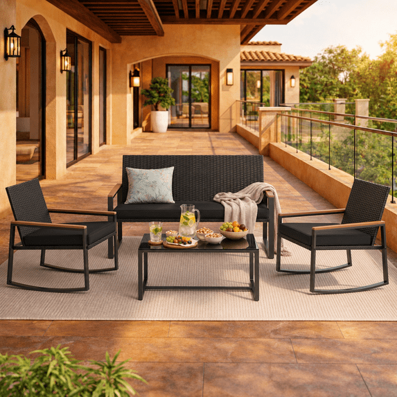 4-Piece All-Weather steel Patio Conversation Set - Thick Cushioned Outdoor Sofa with Tempered Glass Coffee Table, Waterproof Backyard/Porch/Balcony/Poolside Furniture Dark Grey