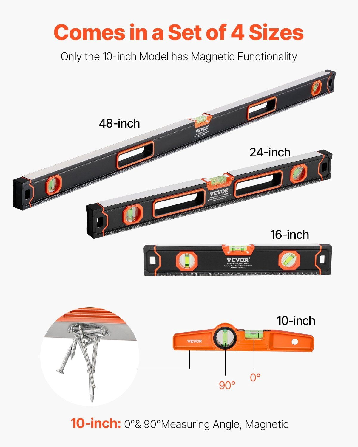 12 Inch Level 4-Piece Aluminum Alloy Magnetic Torpedo Level Set, 48/24/16/10 Inch ...