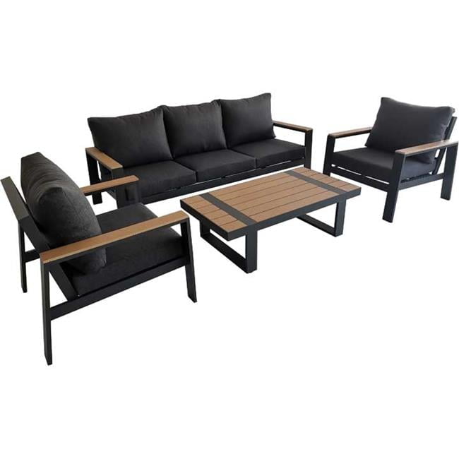 Modern Black Aluminum and Wood 4-Piece Outdoor Furniture Set