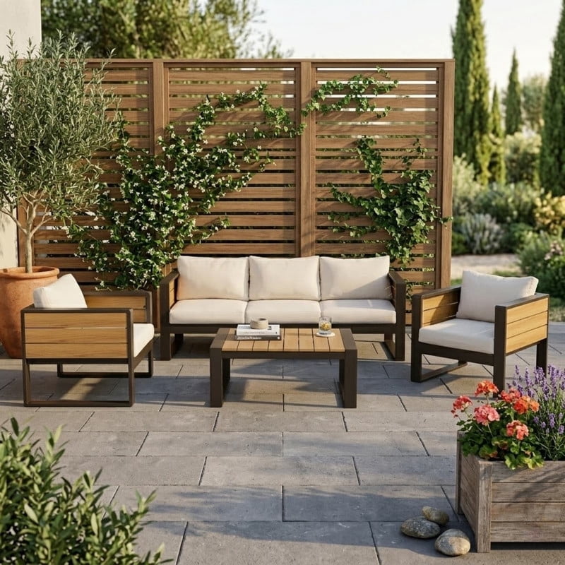4-Piece Aluminum Outdoor Patio Furniture Set, 5-Person Outdoor Sectional Sofa Set, 3-Seater Sofa, 2 Armchairs with Fold-Out Side Tables