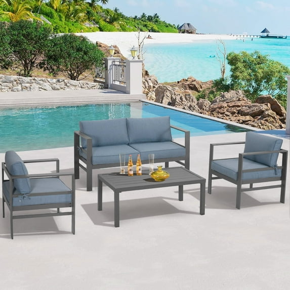 4 Piece Aluminum Outdoor Patio Furniture Set, Patio Sofa Loveseat Set with Coffee Table, Outdoor Sectional Metal Sofa with Blue Cushion for Balcony, Garden Patio Sofa Loveseat Set with Coffee Table