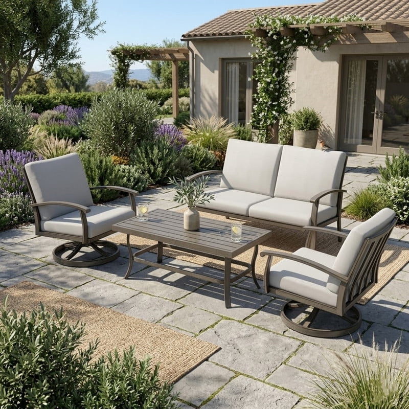 4 Piece Aluminum Patio Conversation Set, Patio Outdoor Furniture Set with 1 Coffee Table, 2 Swivel Chairs and 1 Loveseat, Outdoor Furniture Set for Backyard Deck Poolside