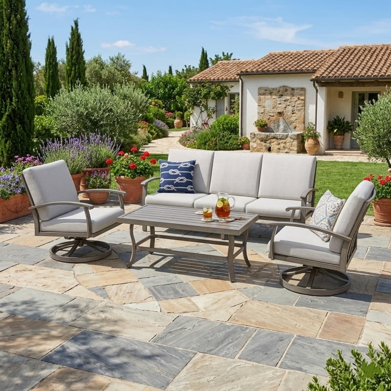 4 Piece Aluminum Patio Conversation Set, Patio Outdoor Furniture Set with 1 Coffee Table, 2 Swivel Chairs and 1 Three-Seater Sofa for Backyard Poolside
