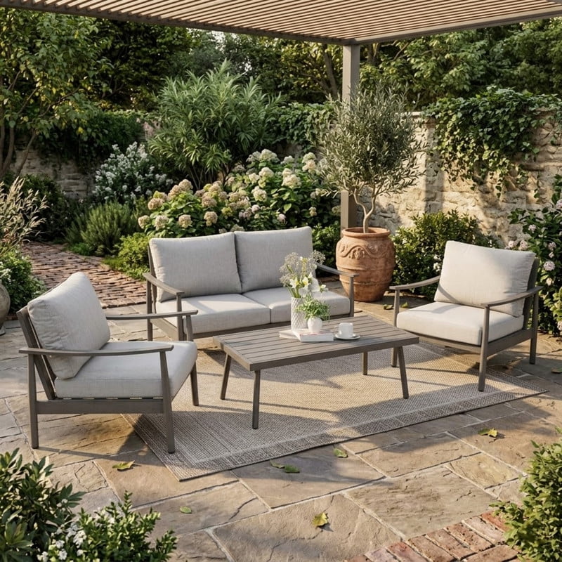 4-Piece Aluminum Patio Furniture Set, Rustproof Outdoor Conversation Set with Loveseat, Armchairs and Coffee Table