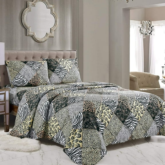 4 Piece Animal Print Sheet Set, Black White Grey Leopard Zebra Giraffe Jungle Forest Theme Flat Fitted Sheets with Pillow Sham KING Size Bedding- Safari Design 