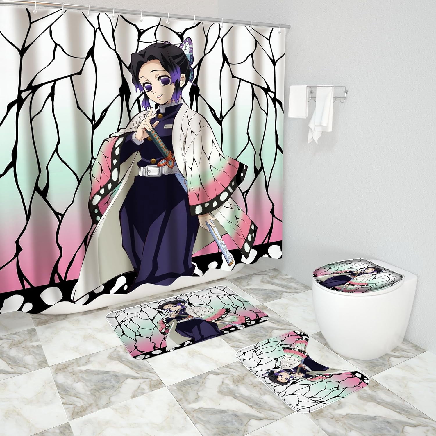 4-Piece Anime Demon Slayer Kawaii Shower Curtain Set Cracked Backdrop ...