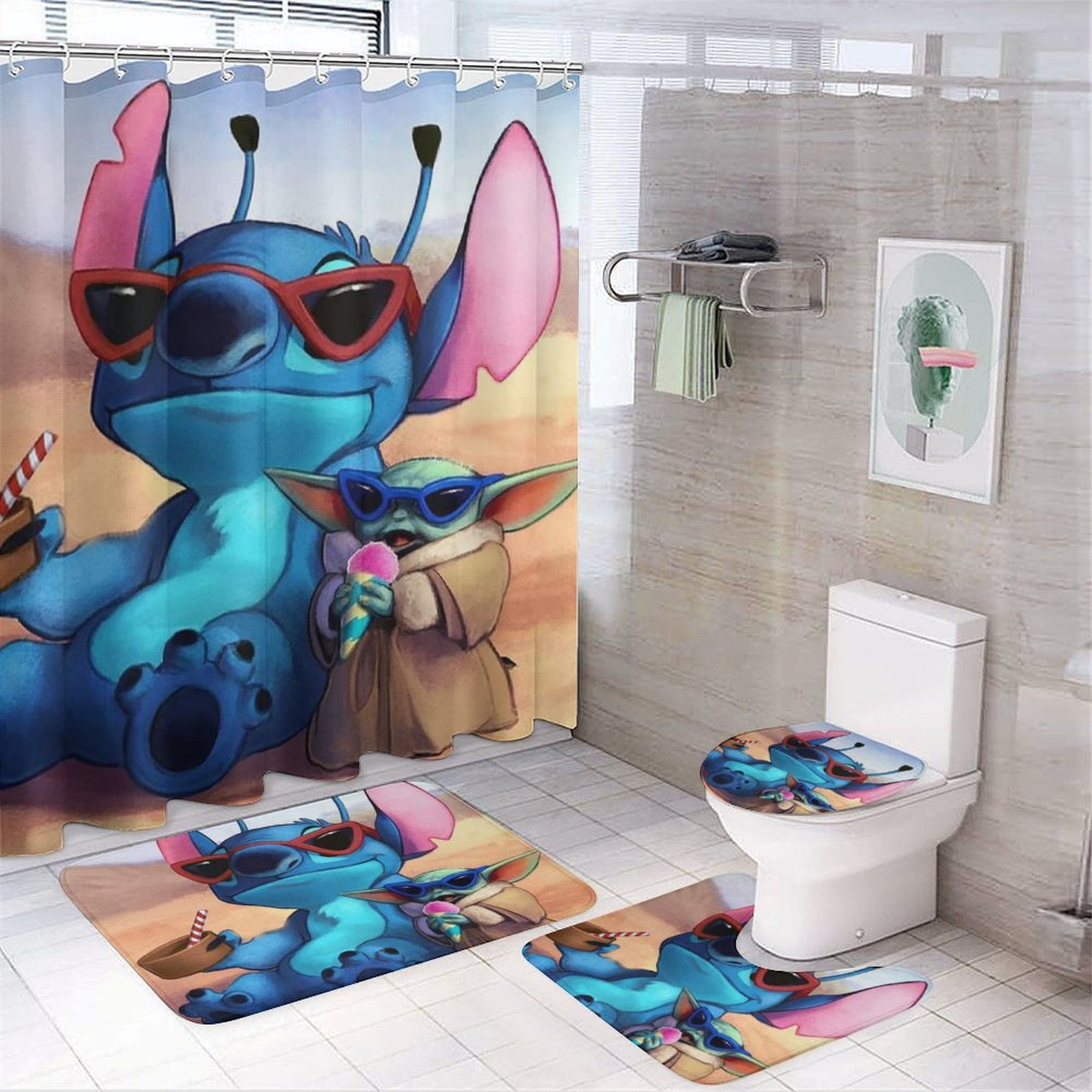 4 Piece Anime Stitch Shower Curtain Set, Cartoon Bathroom Decor Sets ...
