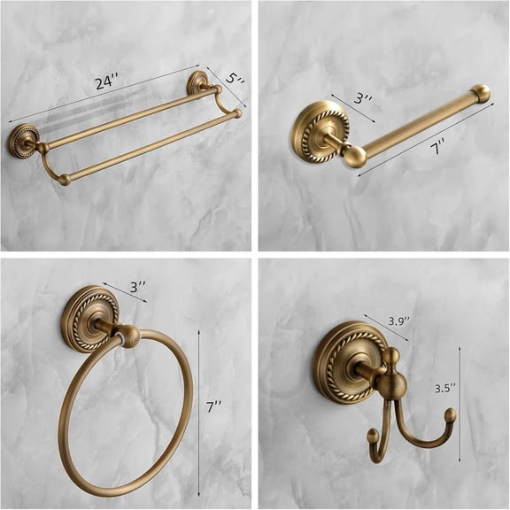 4 Piece Antique Brass Gold Bathroom Accessories Set - 24 Towel Holder, Antique Bar Brass Bath Accessories - Wall Mounted Bathroom Hardware Accessory Set