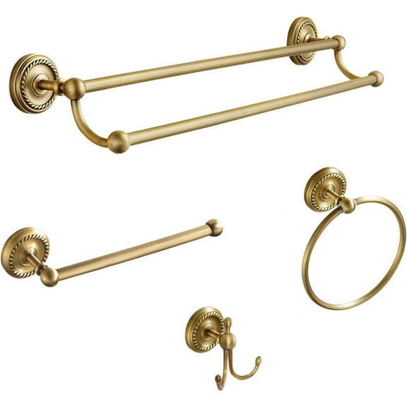 4 Piece Antique Brass Gold Bathroom Accessories Set - Brass 24” Towel Holder, Antique Bar Brass Bath Accessories - Wall Mounted Brass Bathroom Hardware Accessory Set