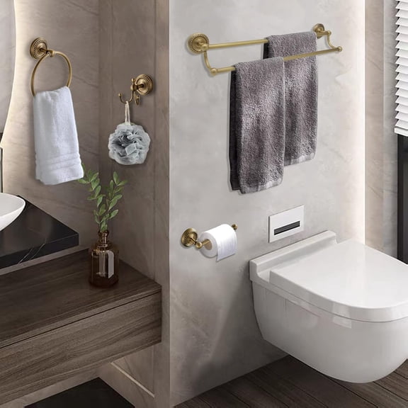 4 Piece Antique Brass Gold Bathroom Accessories Set - Brass 24” Towel Holder, Antique Bar Brass Bath Accessories - Wall Mounted Brass Bathroom Hardware Accessory Set