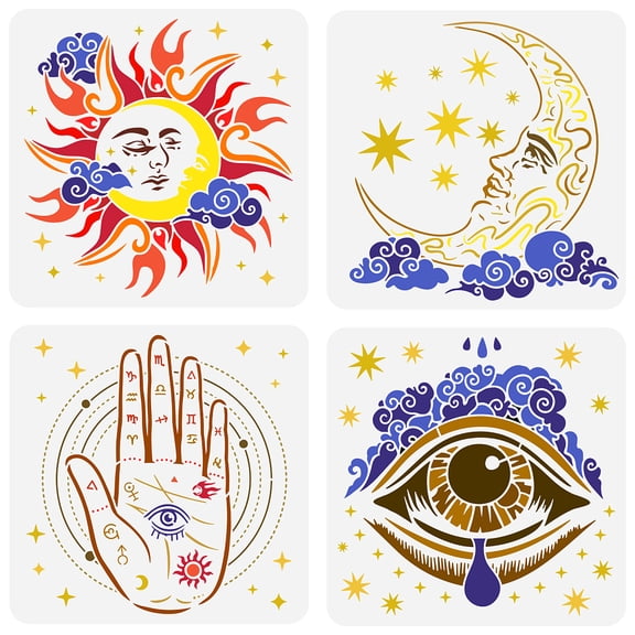 4-Piece Astrology Painting Stencil Set 11.8x11.8in: Mandala Moon Sun Stars Palm Eyes DIY Craft Stencil for Wall Wood Decor