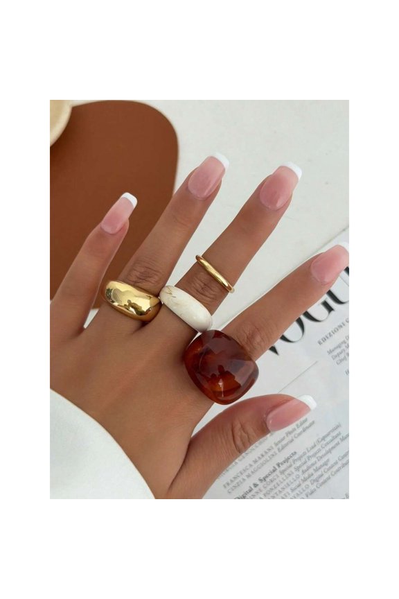 4-Piece Asymmetrical Thick Open Ring Set Multicolor-2 With Goldtone & Amber Resin