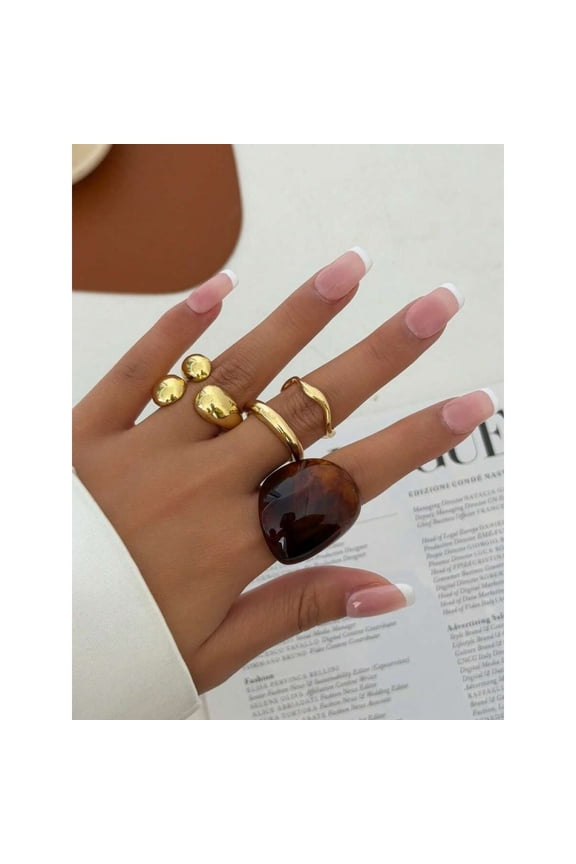 4-Piece Asymmetrical Thick Open Ring Set Multicolor-3 Goldtone With Amber Resin Stone