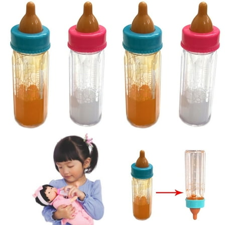 4-Piece Baby Doll Feeding Bottle Set with Magic Disappearing Milk Pretend Play Toy