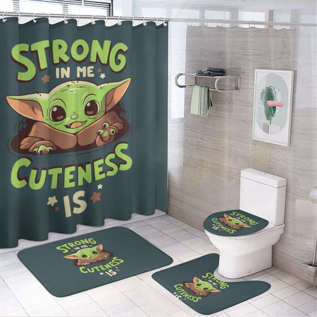 4 Piece Baby Yoda Shower Curtain Sets with NonSlip Rugs, Toilet Lid