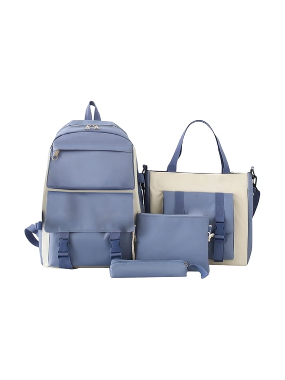 4 Piece Backpack Set Korean Style Laptop Bag Lightweight Polyester Blue Cream Campus Travel Daypack with Tote Pouches for Students