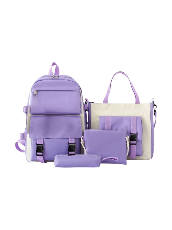4 Piece Backpack Set for Women, Korean Style Purple Laptop Bag with Tote & Pencil Cases, Lightweight Water Resistant Polyester School Bookbag Bundle for Teen Students College Travel Gift
