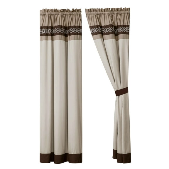 4-Piece Bailey Curtain Set Drape Sheer Liner|Clover Scroll Floral Embroidery|Brown Taupe Beige|Rod Pocket