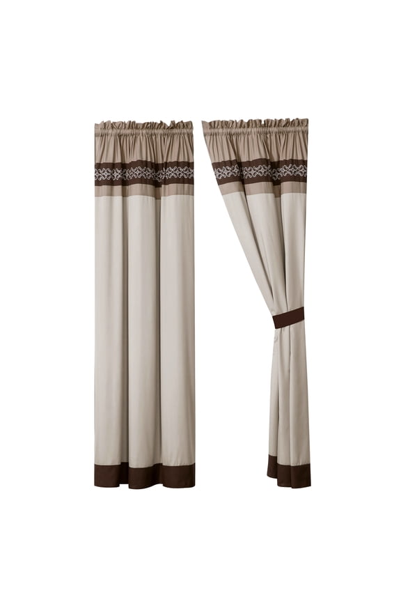 4-Piece Bailey Curtain Set Drape Sheer Liner|Clover Scroll Floral Embroidery|Brown Taupe Beige|Rod Pocket
