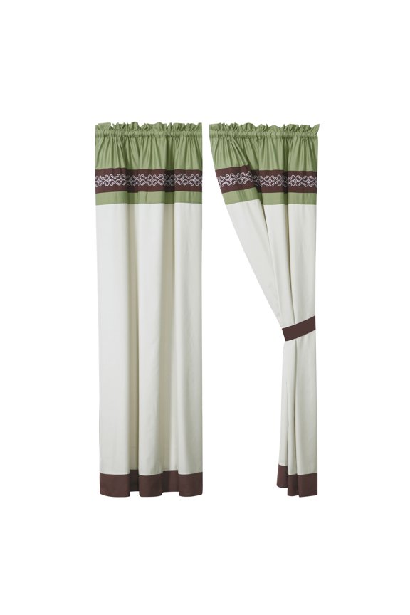 4-Piece Bailey Curtain Set Drape Sheer Liner|Clover Scroll Floral Embroidery|Green Brown Beige|Rod Pocket