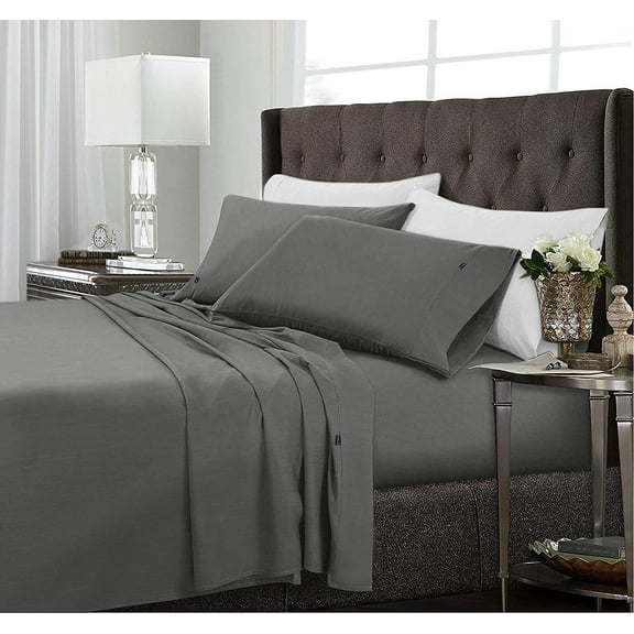 4 Piece Bamboo Microfiber Dark Grey Full Sheet Set, Deep Pocket Bed Sheets