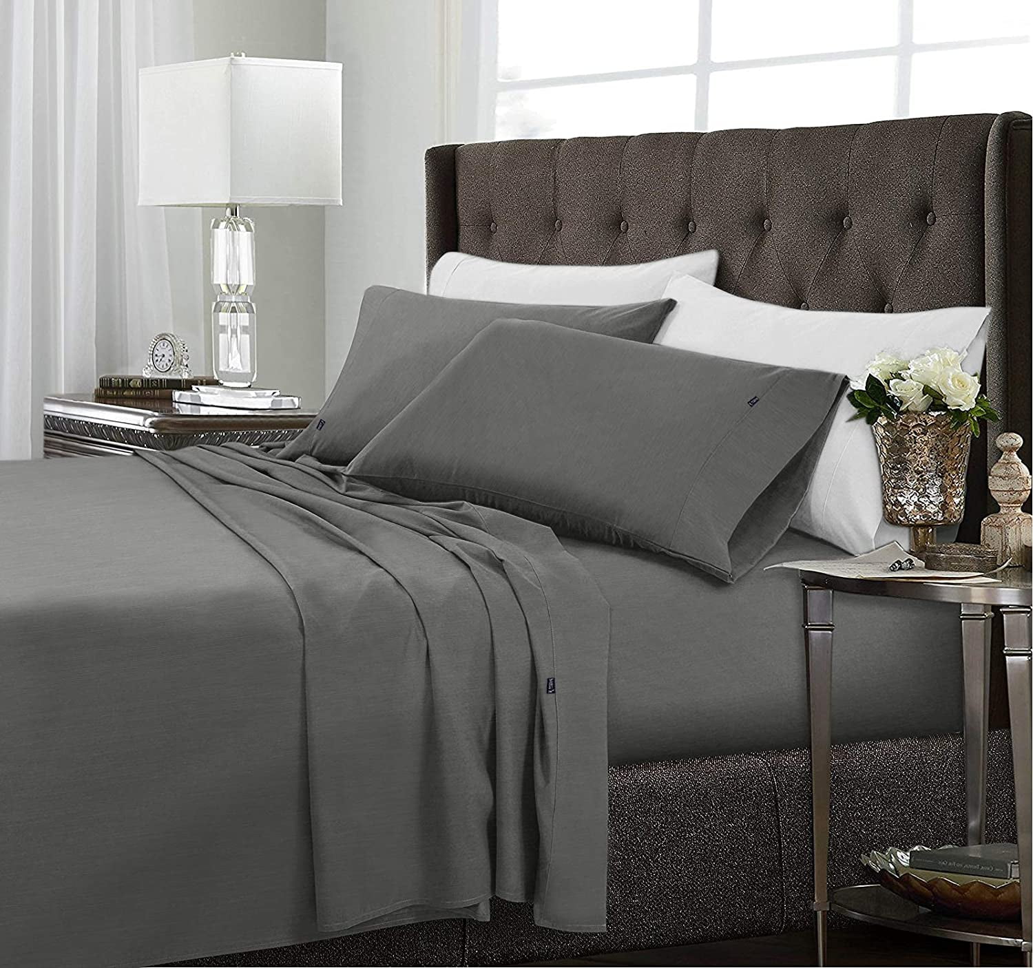 4 Piece Bamboo Microfiber Dark Grey King Sheet Set, Deep Pocket Bed