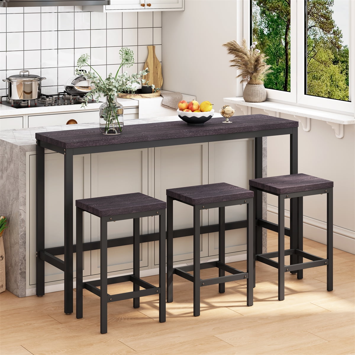 4 Piece Bar Table and Chair Set Counter Height Extra Long Dining Table Set with 3 Stools Side Table with Footrest Industrial Bar Table Set Wood